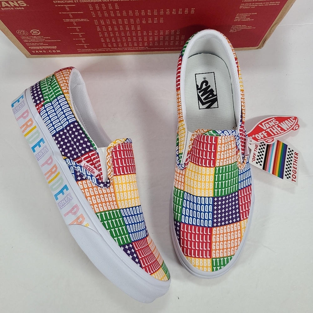 Vans Classic Slip-On Pride Rainbow Check Multi White Sneakers Women 11 Men 9.5